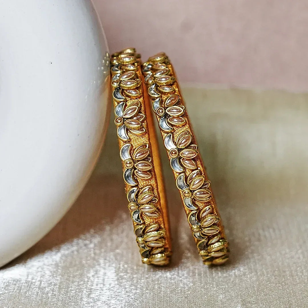 Handcrafted Silk Thread Kada Bangles with Lotus Motif for Women & Girls (Pack of 2) - The Golden Cascade